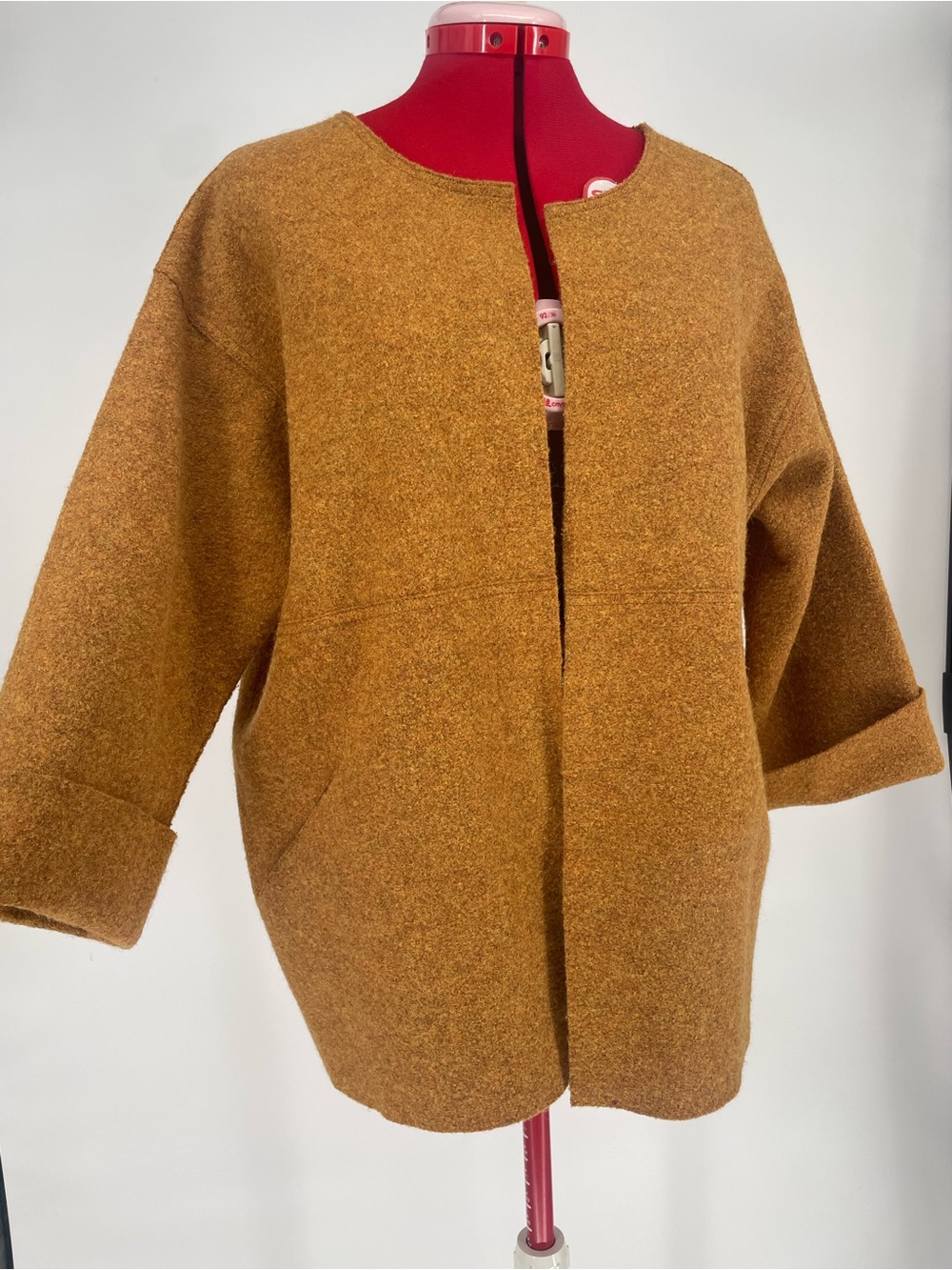 Eileen Fisher Muted Mustard Speckles Open Front Collarless Jacket Wool Blend